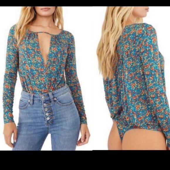 NWT Free People Kaya Print Cutout Bodysuit in Turquoise Combo Small - Picture 2 of 10